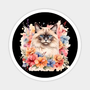 A birman cat decorated with beautiful watercolor flowers Magnet